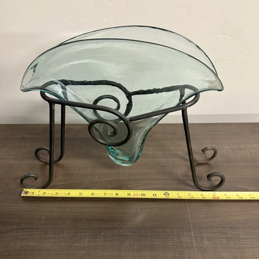 Blown Glass Vase Blue Glass Wrought Iron Base Tulip Shape
